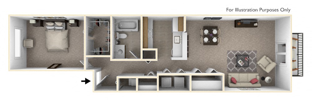 Floor plan for 1 bed, 1 bath, 744 sqft